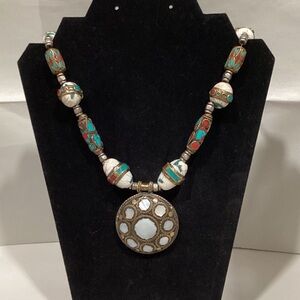 Bohemian Beaded Necklace with Turquoise and White Accents